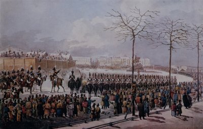 1825年12月14日、サンクトペテルブルクの元老院広場でのデカブリスト派の反乱（紙のトイレ） 作： Russian School