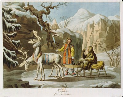 冬の風景の中のシベリア中央部のヤクート、毛皮に覆われたトナカイそり、1813年発行（アクアチント） 作： Russian School