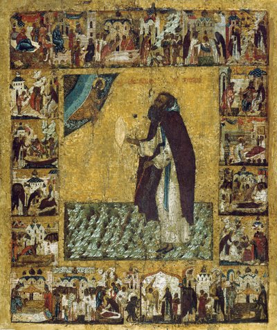 1560 年代のフティンの聖バルラームとその生涯の場面。 作： Russian icon.