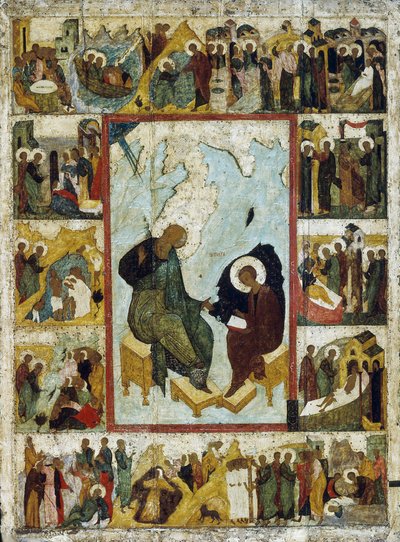 パトモス島の伝道者聖ヨハネ、16 世紀初頭の生涯の場面。 作： Russian icon.
