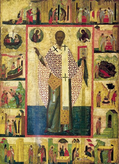 ザライスクの聖ニコラウスと彼の生涯の場面、16 世紀初頭。 作： Russian icon.