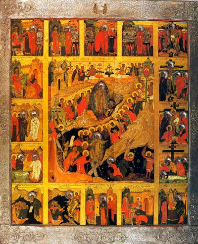 キリストの受難の場面を描いた地獄への降下、16世紀。 作： Russian icon.