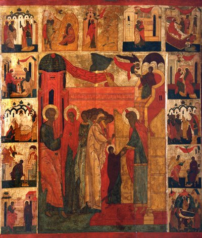 最も神聖な生神女の神殿への入場、16 世紀。 作： Russian icon.
