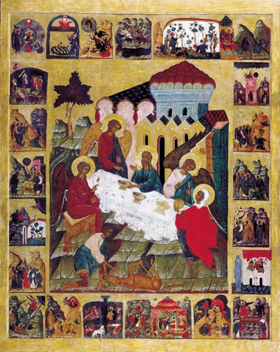 創世記のシーンを含む旧約聖書の三位一体、c1580。 作： Russian icon.
