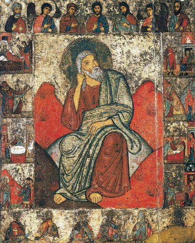 荒野の預言者エリヤと彼の生涯とディーシスの場面、13日から14日の最初の3分の1 作： Russian icon.