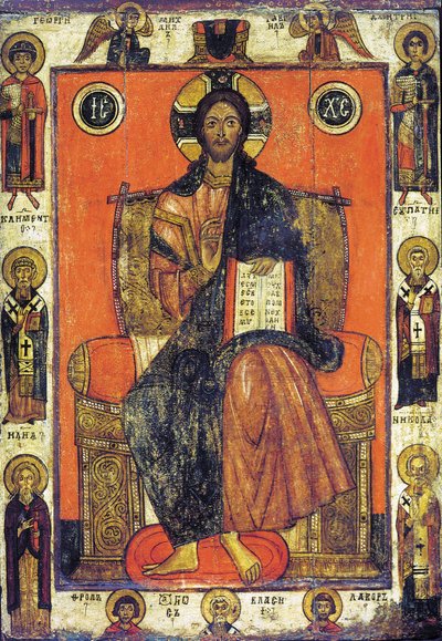 13 世紀末から 14 世紀初頭にかけて選ばれた聖人と共に即位した救世主。 作： Russian icon.