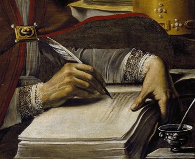 手、羽ペンで書く、聖アンブローズの詳細、ルティリオ・マネッティ作（1571-1639）、キャンバスに油彩、67x89 cm 作： Rutilio Manetti