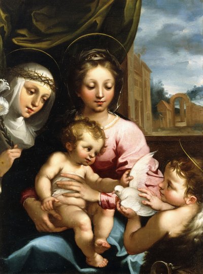 幼児と聖母マリアの洗礼者聖ヨハネ、シエナの聖カタリナ、1597-1612年 作： Rutilio Manetti