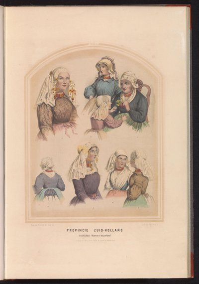 1857 年、南ホラント州のオーバーフラッキー、フォールン、アウト ベイエルラントの伝統的な衣装 南ホラント州オーバーフラッキー フォールンとバイエルラント / XVI (オブジェクトのタイトル) 作： Ruurt de Vries