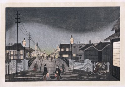 夜景、日本橋（木版画） 作： Ryuson Ogura