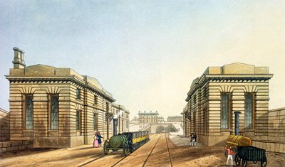 パブのジョンハリスが刻んだ「リバプールとマンチェスター鉄道」のトンネルの終わりにあるエッジヒル駅。 Ackermann und Co.、1836 作： S. Kelper