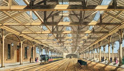 ジョンハリスのパブが刻まれた「リバプールとマンチェスター鉄道」からの新しい駅、ライムストリート、トンネルと予約オフィスへの入り口。 Ackermann und Co.、1836 作： S. Kelper