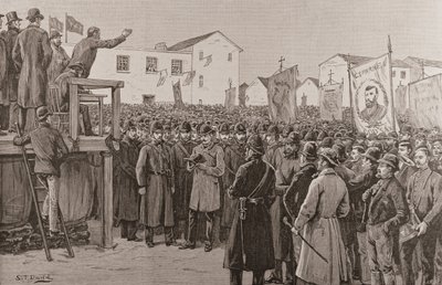 1887 年 1 月 8 日、「The Illustrated London News」からの「選挙運動計画」で政府記者を守る警察 (彫刻) 作： S. T. Dadd