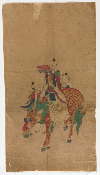 1800 年代後半の麒麟と 2 人の従者に乗った道教の仙人。 作： Sa Lin Pun
