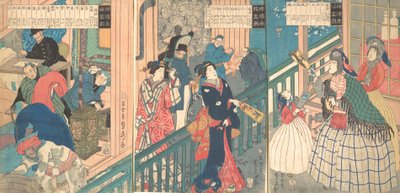 横浜商人の商館の真の姿、1861年1月。 作： Sadahide Utagawa