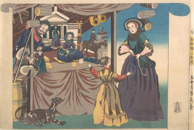 おもちゃ屋の銅版画のカラープリント、1860年。 作： Sadahide Utagawa