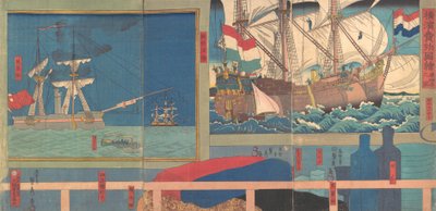 横浜の骨董屋、1860年3月。 作： Sadahide Utagawa