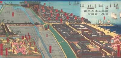 横浜本町とみよざき歓楽街の詳細版画、4月。 1860年。 作： Sadahide Utagawa