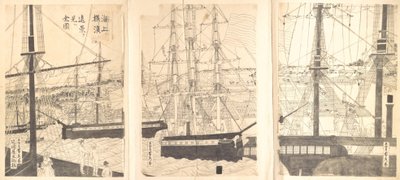 19世紀の横浜沖合の外国船。 作： Sadahide Utagawa