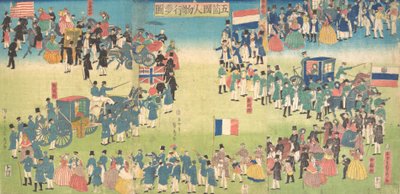 オランダ、ロシア、フランス、イギリス、アメリカの 5 つの国の人々の行列、1861 年。 作： Sadahide Utagawa