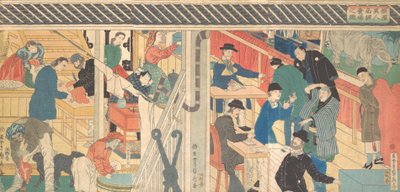 1861年、横浜の貿易ビルの販売室。 作： Sadahide Utagawa