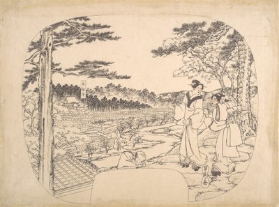 見晴らしの良い場所から景色を眺める2人の女性...善福寺、19世紀。 作： Sadahide Utagawa