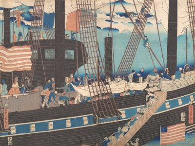 「横浜貿易：貨物を積み込む西洋人」、1861年4月。 作： Sadahide Utagawa