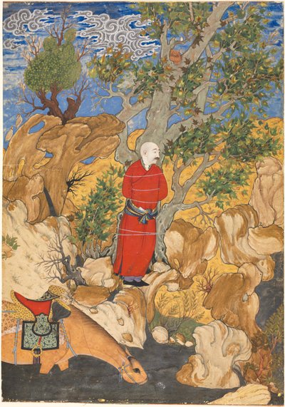 1575-1600年、フィルダウシによるシャーナーマから、プラタナスに結ばれたアウラッド。 作： Sadiqi Bek