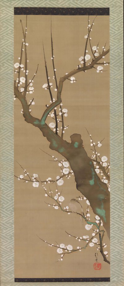 19 世紀初頭の梅の木にいるウグイス ウグイス。 作： Sakai Hoitsu