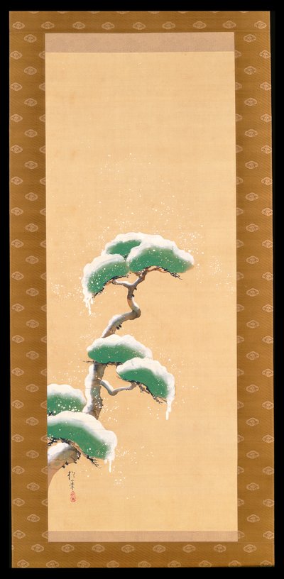 19世紀初頭、三季の三連祭壇画からの、雪に覆われた松を描いた掛け軸 作： Sakai Hoitsu