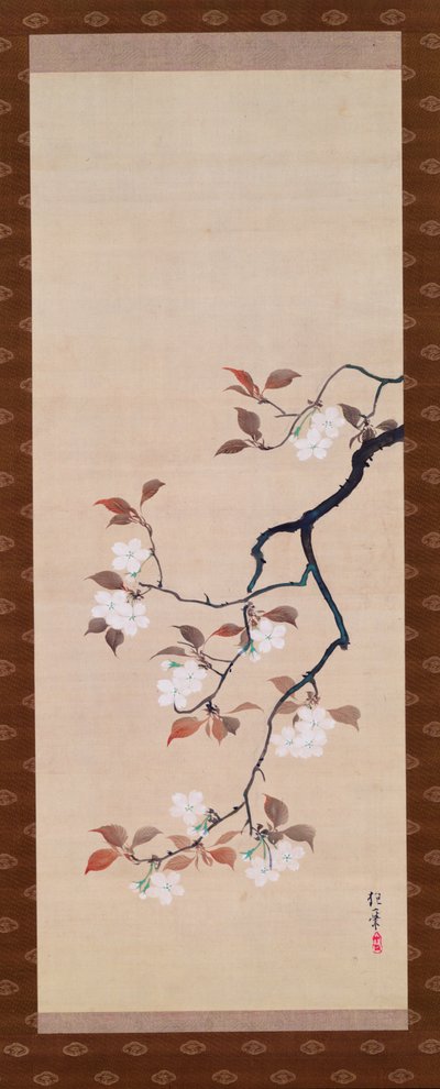 19世紀初頭、三季の三連祭壇画から桜を描いた掛け軸 作： Sakai Hoitsu