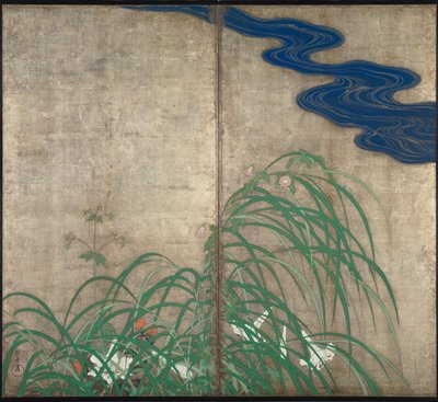 夏と秋の花植物。二つ折りスクリーンのペアの一部 作： Sakai Hoitsu