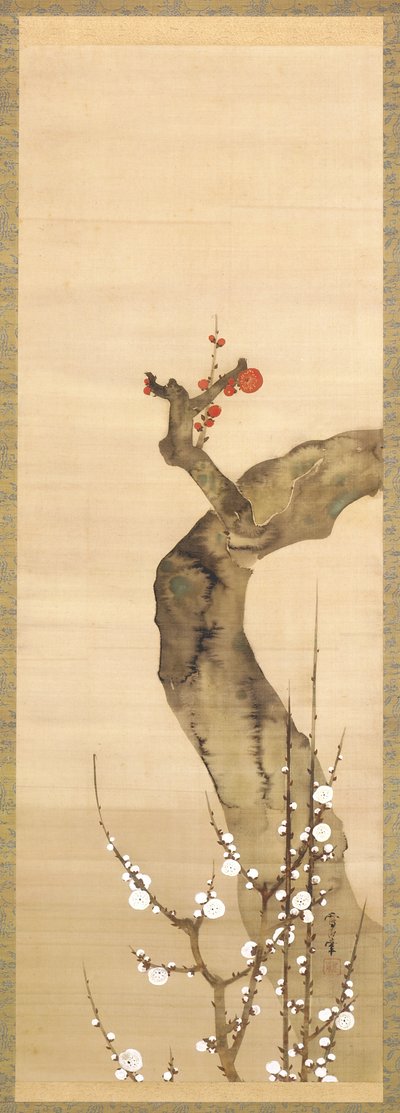 紅白梅（絹本に墨、彩色、金） 作： Sakai Oho