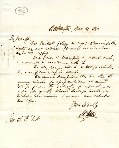1862年3月31日、ワシントンのS.P.チェイスからW.G.エリオットへの署名入り書簡 作： Salmon P. Chase