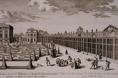 ゲオルク＝ダニエル・ホイマン（1691-1759）が彫ったウィーンのシュヴァルツェンベルク公爵家の庭園にあるオランジェリーの1つの眺めで、1724年から37年頃に出版された（エングレーヴィング）（170855も参照のこと 作： Salomon (after) Kleiner