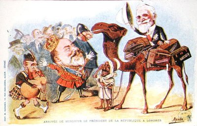 1903年、ロンドンに到着したフランス共和国大統領エミール・ルベ（1838-1929）を描いた風刺画（カラーリトグラフ版） 作： Salomon Assus
