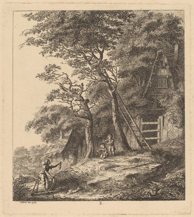わらぶき屋根のある風景の中の漁師と 2 人の子供、1764 年。 作： Salomon Gessner