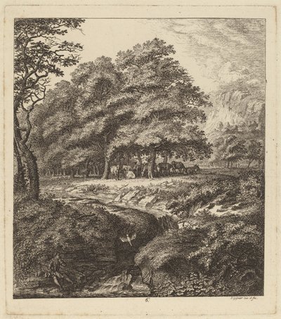 1764年、小川のそばに座っている男と木立の中で休む牛. 作： Salomon Gessner