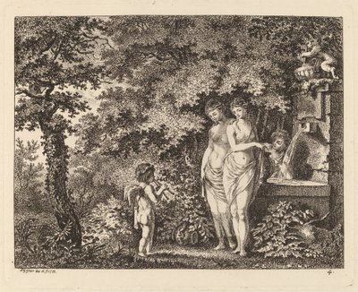 噴水で 3 人の女の子とエロス、1770 年。 作： Salomon Gessner