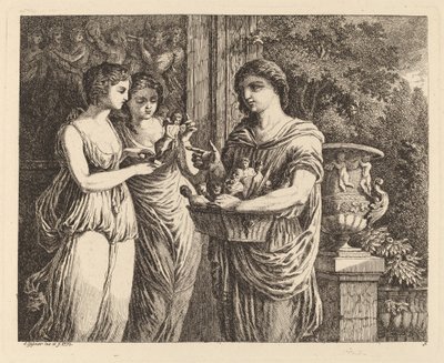 2 人の少女を連れた置物の売り手、1770 年。 作： Salomon Gessner