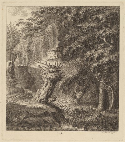 1764年、ポラードの木のある樹木が茂った風景。 作： Salomon Gessner