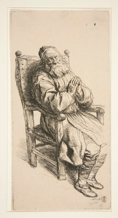 肘掛け椅子で寝ている老人 作： Salomon Koninck