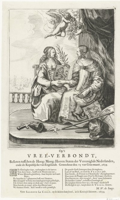 ウェストミンスター平和の象徴、1654年 Hoog: Moog: Heeren States der Vereenighde Nederlanden, ende Republijcke van Engelandt. 1654 年に署名された den 15 van Gras-maant (オブジェクトのタイトル) 作： Salomon Pietersz. Lachair