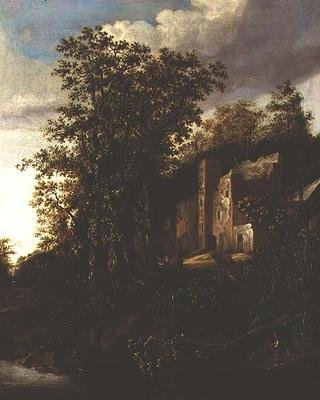 廃墟となった荘園のそばに農民がいる森のような川の風景 作： Salomon Rombouts