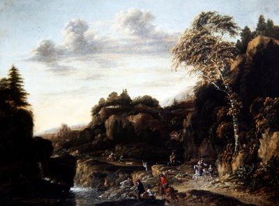 川辺の鹿狩りのある森の風景」1690年頃（油彩・キャンバス） 作： Salomon Rombouts