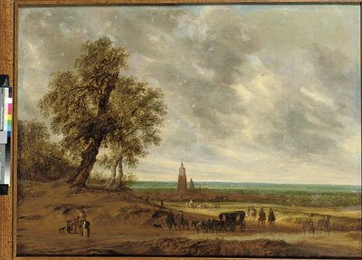 旅行者が小道を通るパノラマ風景、アメルスフォールトの街、1634 作： Salomon van Ruisdael or Ruysdael
