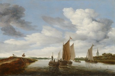帆船と馬が引くはしけのある川の風景 作： Salomon van Ruisdael or Ruysdael