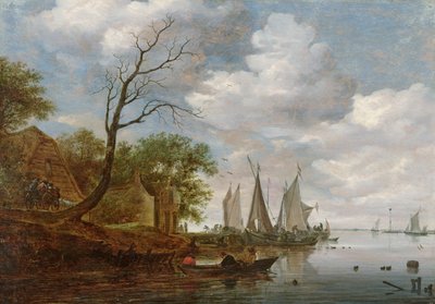 岸辺で荷揚げする帆船のある川の情景（油彩・パネル） 作： Salomon van Ruisdael or Ruysdael
