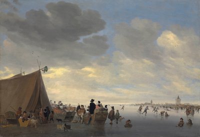 凍った川レックの向こうのスケーター、1653年以降のヴィアネンの町 作： Salomon van Ruisdael or Ruysdael
