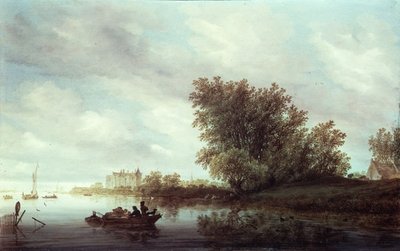 城のある森の川の風景」（油彩・パネル 作： Salomon van Ruisdael or Ruysdael